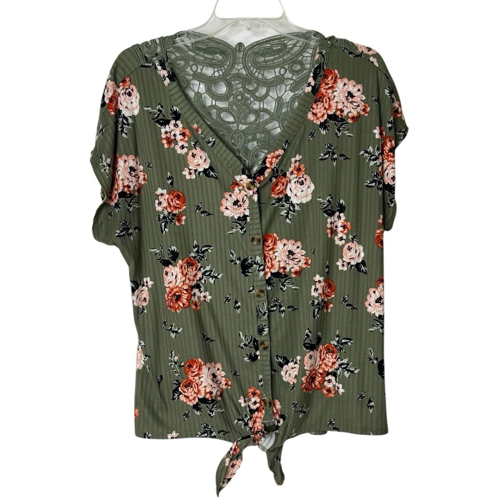 Bobbie Brooks Pullover Top Green Floral Sleeveless Back Cutout Lace‎ Women's 1X